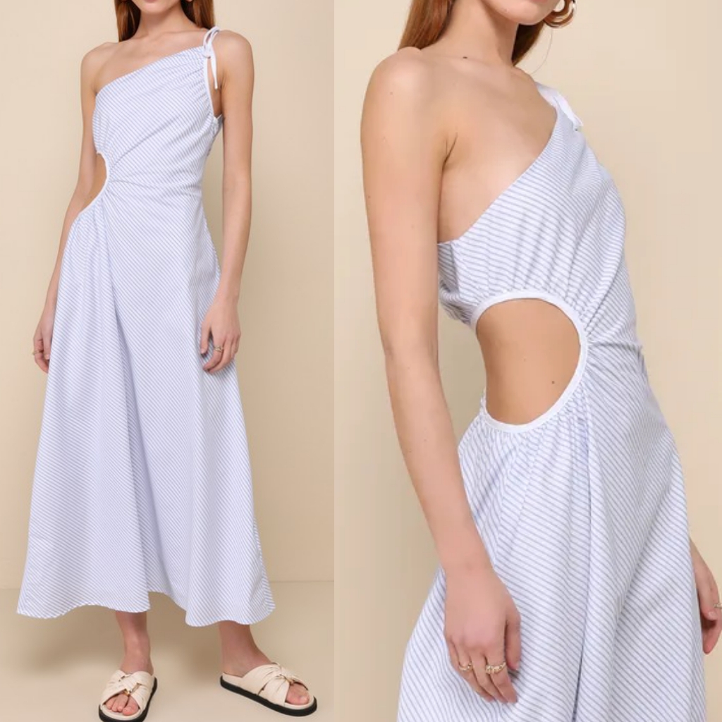 Nwt Lulus Effortless Weekend White Striped Cutout One-Shoulder Maxi Dress Medium